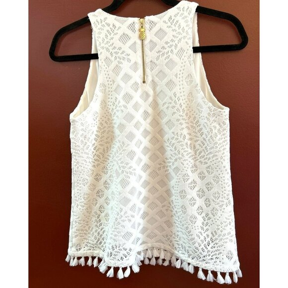 Vineyard Vines Women's White Lace Printed Sleeveless Lynn Top Small Fringe Hem - Picture 3 of 5